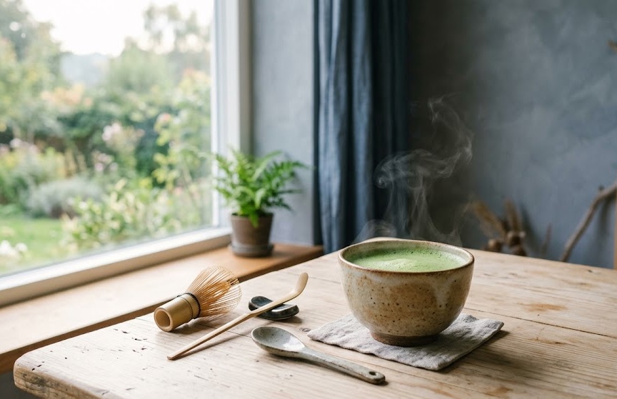 Taza de matcha humeante junto a una ventana con luz suave de la mañana