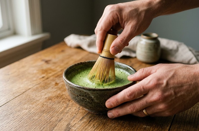 Manos batiendo matcha en un cuenco sobre una mesa de madera con luz natural